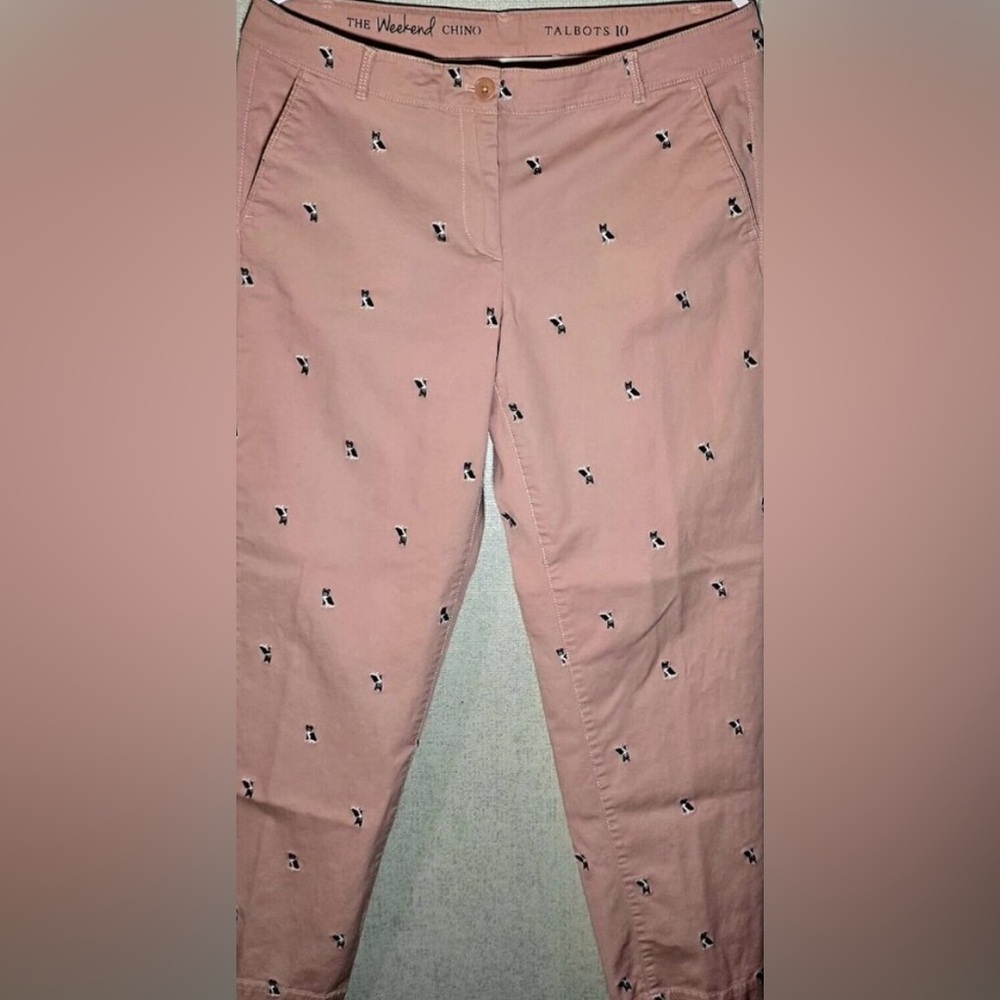 Talbots Weekend Chino Pants Womens Sz10 Pink Embroidered French Bulldog Frenchie